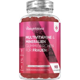 Multivitamin Gummies for Women - With Omega 6, 9, Zinc, Calcium, Vitamin C, Hyaluron, CoQ 10, B12, Biotin - 90 Vegan Gummy Bears - Strawberry & Raspberry Flavour - Multivitamin Complex - WeightWorld