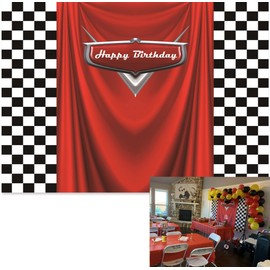 8x6ft Car Black White Grid Red Birthday Themed Backdrops Racing Flag Red Photo Backgrounds for Photography Happy Birthday Party Banner Photo Booth Props