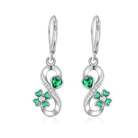Leaf Clover Dangle Infinity Earrings for Women Sterling Silver Mothers Day Green CZ Lucky Clover Charm Drop Huggie Hoops Earrings