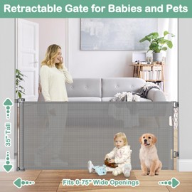 75 Inch Retractable Baby Gate for Dogs Indoor Retractable Mesh Pet Gate for Doorways 35” Tall Retractable Outdoor Gate for Decks Baby Safety Gate for Toddlers Retractable Mesh Gates for Kids or Pets