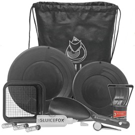 Sluice Fox Backpack Gold Prospecting kit with Classifier: Two Spiral Gold Pans, Plastic Shovel or Pay Dirt Scoop and Black Sand Separator Magnet Black