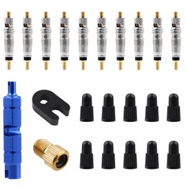 Presta Valve Core Repair Kit, Including 10 Valve Core 10 Cover Brass Screws Plastic Buckle & Installation Tools for Tubeless Road MTB Bike Tires
