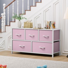 YITAHOME Wide Storage Tower with 5 Drawers - Fabric Dresser, Organizer Unit for Bedroom, Living Room, Closets & Nursery - Sturdy Steel Frame, Easy Pull Fabric Bins & Wooden Top (Pink)