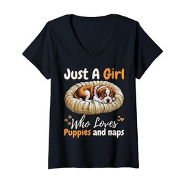 Womens Just A Girl Who Loves Puppies & Naps For Girls For Dog Lover V-Neck T-Shirt