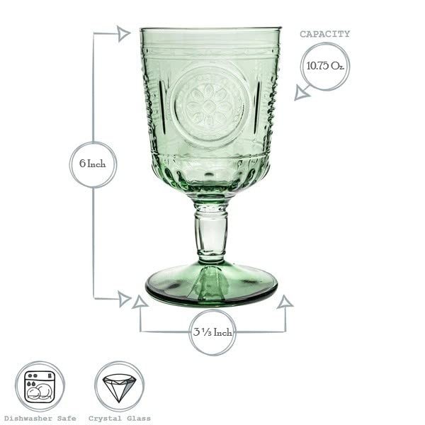 Bormioli Rocco Romantic Set Of 6 Stemware Glasses, 10.75 Oz. Colored Crystal Glass, Pastel Green, Made In Italy.