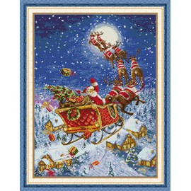 Gofission 14ct Stamped Cross Stitch Kits for Adults Beginners, Santa Claus on The Road DIY Pre Printed Cross Stitch Embroidery Set with Accessories Wall Decor 46x59cm (Road)