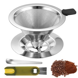 for Pour Over Coffee Dripper, Stainless Steel Paperless Drip Coffee Filters Cups, Portable Reusable Mesh Cone Coffees Dripper for Pour Over Coffee Makers, with Brush and Spoon