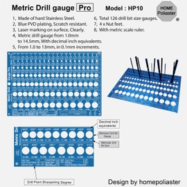 Stainless Steel Metric Drill Bit Gauge Pro | 126 Hole Bit Gauge from 1.0 to 13mm,in 0.1mm Increments| Accuracy 0.0008‘’ (0.02mm) | Blue PVD with Laser