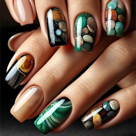 Marbling Press on Nails Short Square Colorful Soft Stone Design Glossy False Nails Short Acrylic Nails Full Cover Colorful Stick on Nails Reusable Artificial Coffin Nails 24Pcs Glue on Nails for Women