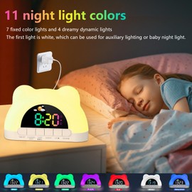 ueslwser Kids Alarm Clock, Toddler Sleep Training Clock with Sun & Moon,11 RGB Color Night Lights, Wake Clock for Girls Boys Teenagers, Sleeping Reminder Dual Alarms