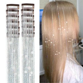 Hair Tinsel Pack of 12 Pcs Clip in Hair Tinsel Kit 19.6Inch Glitter Tinsel Hair Extensions Shiny Sparkly Fairy Hair Accessories for Women Girls (Silver)