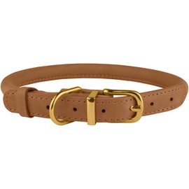 BronzeDog Rolled Leather Dog Collar Durable Round Rope Collars for Small Medium Large Dogs Puppy Cat Burgundy Mustard Dark Blue Light Brown (Neck Size 7" - 8 1/2", Light Brown)
