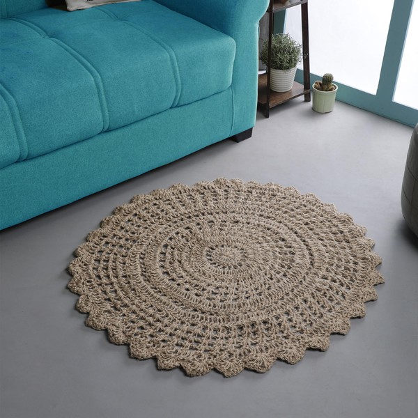 Ramanta Home Jute Crochet Hand Woven Rug- 3' Round Natural,