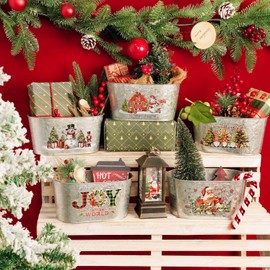 Putuo Decor Christmas Metal Buckets, 5 Pieces Christmas Tin Pots Small Christmas Decorations Oval Pots, Galvanized Beverage Tubs Small Pails for Party Home Table Centerpieces Storage Decor 9in
