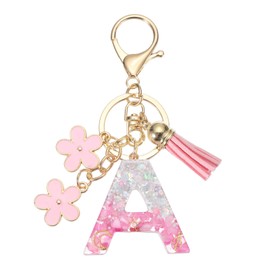 PATIKIL Alphabet Initial Letter Keychain, Resin Cute Keychains with Tassel Flowers Letter A Pendant Charm for Women Key Purse Handbag Bag Accessories, Pink