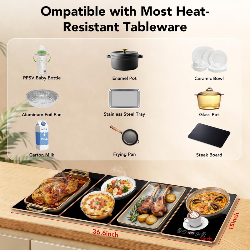 Electric Warming Tray（36.6x15x1inch） Glass Surface, 4-in-1 Food Warmers for Parties