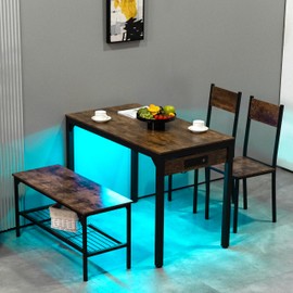 Finnhomy 43.3” Dining Table Set for 4 with LED Lights & USB-C Outlet, Modern Kitchen Table with Bench & 2 Chairs, Rectangular Metal Frame Dining Furniture for Small Spaces & Apartments, Rustic Brown