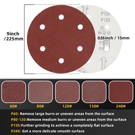 50pcs 9 inch 6 Hole Sanding Discs Set -10 Each of 60 80 120 150 240 Grits, 9" Hook and Loop Adhesive Sandpaper for Drywall Sander