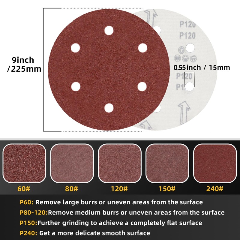50pcs 9 inch 6 Hole Sanding Discs Set -10 Each