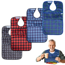 wegreeco 4 Pack Unisex Adult Bibs for Elderly Women Men, Reusable Large Adult Bibs for Eating, Adjustable Washable Clothing Protectors with Detachable Crumb Catcher for Senior Citizens