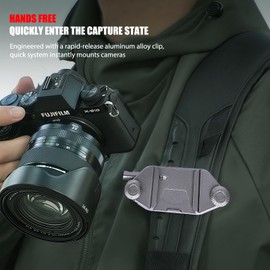 Camera Clip Backpack with Quick Release Plate, Aluminum Backpack Clip Strap Camera Mount Holder with QR Clamp System for Canon, Sony, Nikon, Fuji, DSLR, Action Camera (Silver Grey)