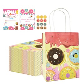 24 Pack Gift Bags and Birthday Party Invitations with Envelopes Reusable Party Favor Kraft Bag with Handles Loot Bags for Goodie Treat