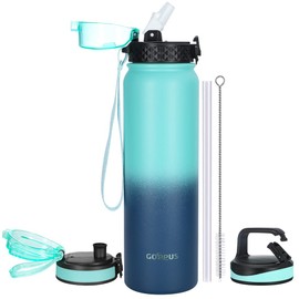 GOPPUS 32 oz Sports Water Bottle Insulated Stainless Steel Water Bottle with Straw Spout Wide mouth Lid Double Wall Reusable Leakproof Metal water bottles with Strap (Blue Navy 3 Lids)
