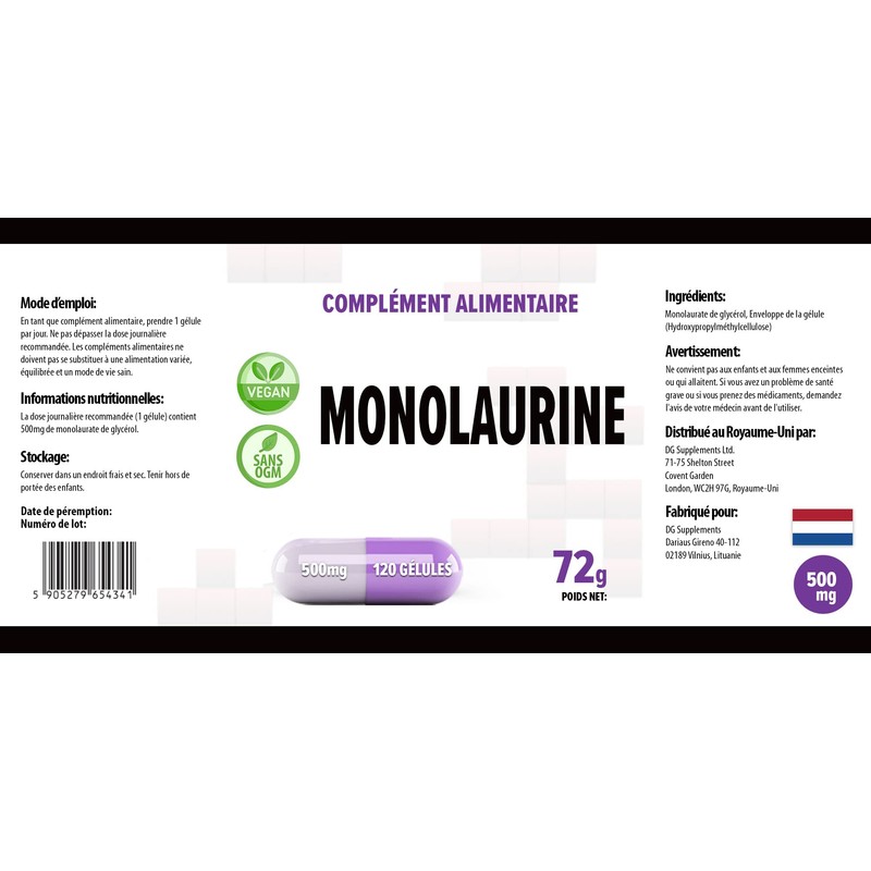 Monolaurin 500mg 120 Vegan Capsules, Laboratory Tested, Non-GMO, No Fillers