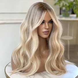 FENJUN HAIR Dark Roots Highlight Ombre Dirty Blonde Synthetic Lace Front Wigs Pre plucked Natural Hairline Body Wave Heat Resistant Wigs for Women Girls Middle Parting