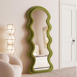BOJOY BOJOY Full Length Mirror, 63" x 24" Wall Mirror, Flannel Wrapped Wooden Frame Floor Mirror, Irregular Wavy Mirror Hanging or Leaning Against Wall for Cloakroom/Bedroom/Living Room - Green