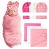AQOKKA Newborn Receiving Blanket with Bow Hat Headband Set Wheat-Pattern