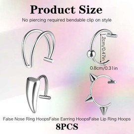 Zyghjort Fake Lip Piercing, 8 Pcs Stainless Steel Fake Lip Ring 4 Styles Clip on Faux Nose Ring Adjustable Non Piercing Septum Piercing for Women Men (Silver)