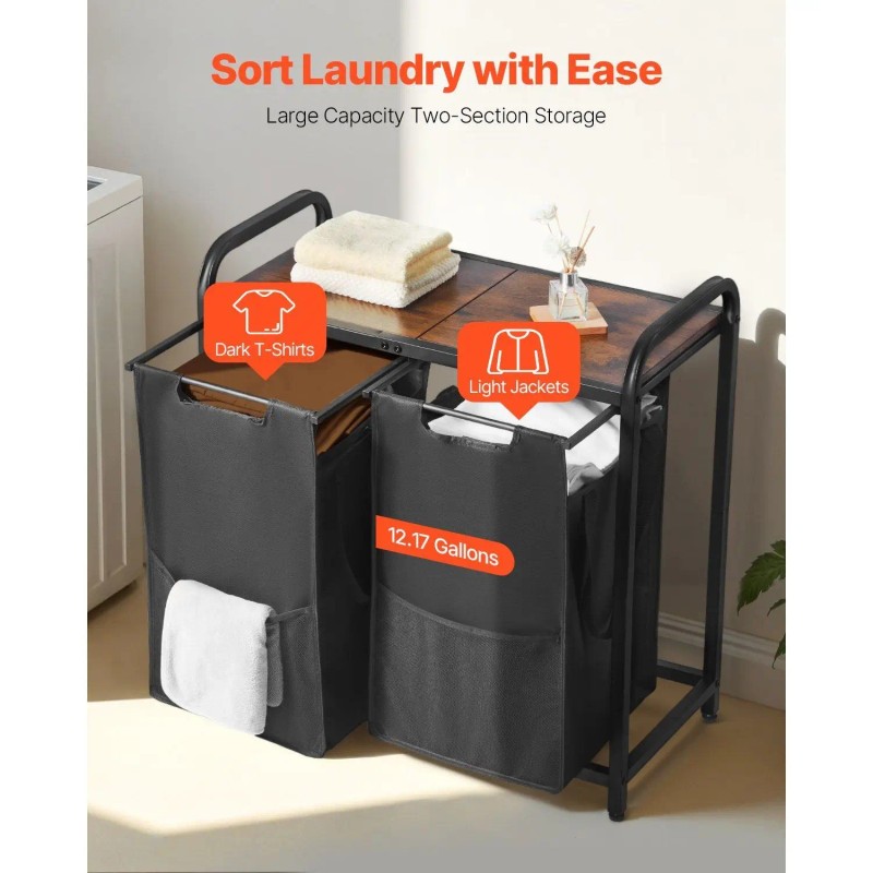 2 Section Freestanding Clothes Organizer Large Laundry Hamper with Metal
