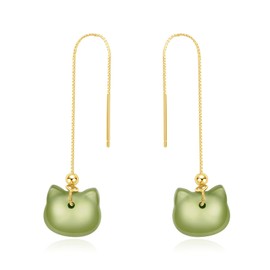 LOOYUUPEE Natural Hetian Jade Earrings, Cat Shape Jade Pendant for Women, Green Lucky Jade Jewelry Gift for Mom Lover Her (925 Sterling Silver with Gold Plated)