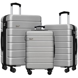 KEYTANG Explorer Lightweight Hardside Expandable Luggage Spinner Wheels Suitcase W/TSA Lock, Silver, New-3 Piece Set