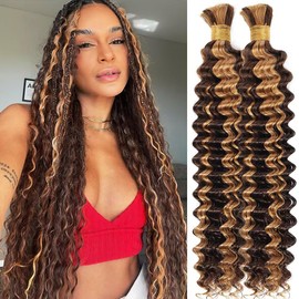 Human Braiding Hair for Boho Braids Ombre Highlight Curly Boho Hair for Braiding Knotless 12A Deep Wave Bulk Bohemian 2 Bundles/Pack Color P4/27 100g 20 Inch