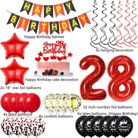 28th Birthday Balloons Red Black, Birthday Decoration 28 Years Woman Red, Balloons 28th Birthday Red Black Decoration, Red Black 28th Birthday Balloons, Balloons 28 Years Man