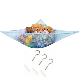 ShopHut Toy Hammock Organizer for Stuffed Toys Mesh Net - Sturdy Wall Sling Toy Organizer – With Hooks (Blue)