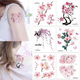 fogman Tattoo Stickers, Cherry Blossom, Pool, Cute, Waterproof, Easy, Stylish, Set of 6 (Pattern C)