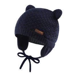 XIAOHAWANG Baby Winter Hat Boys Girls Warm Knitted Hats Soft Cotton Lining with Cute Bear Ears Winter Baby Hat, navy
