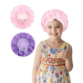 GUIGA Pack of 2 Silk Bonnet for Children, Silk Hood for Sleeping with Wide Band, for Sleeping, Hair Cap for the Night, Sleeping Cap, for Girls and Boys (Pink + Purple), (Pink+Purple), Unit size