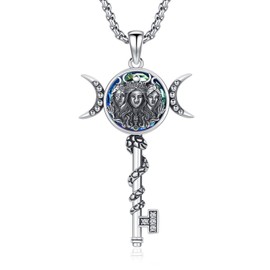 Thanches Hecate Key Necklace for Women Men, 925 Sterling Silver Hekate necklace Wiccan Pagan Magic Triple Moon Goddess Pentagram Wheel Key Pendant Witchcraft Tetragrammaton Amulet Jewelry Gifts