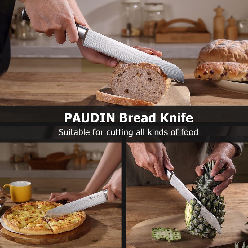 PAUDIN Bread Knife 8", Ultra Sharp Wave Edge - Forged