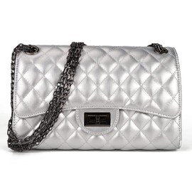 Gladdon Quilted Leather Crossbody Purse for Women Trendy Ladies Shoulder Bag with Chain Designer Purses Silver