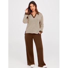 Glamaker 2 Piece Sets For Women Clothing Matching Sets Long Sleeve Sweatsuits Women 2 Piece Outfit Travel Outfits (Striped Brown S)