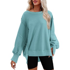 Nirovien Womens Oversized Crewneck Sweatshirt Side Slit Long Sleeve Pullover Slouchy Fit Tops(Sage Green,M)