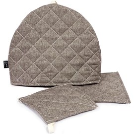Kuai ティーコジー ポットマット 3点セット ティーコージー ティーポットカバー アンティーク 北欧風 おしゃれ 無地 キルティング 27×22cm (グレーブラウン)