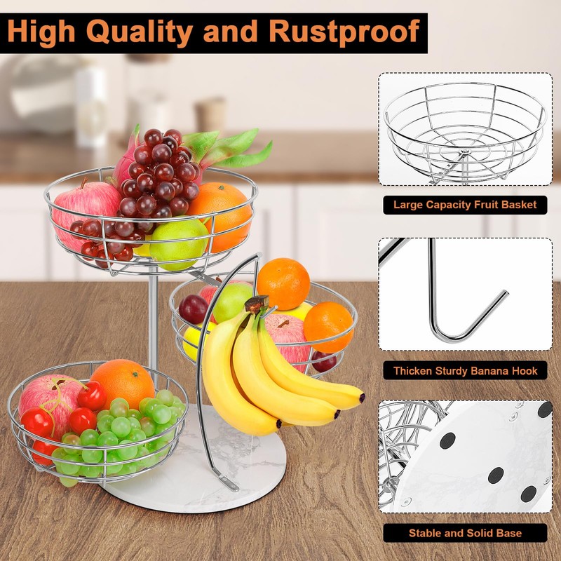 Livabber Fruit Basket Bowl with Banana Hanger, Metal Fruit Vegetable