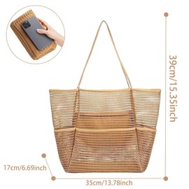 Cadimus Mesh Beach Bag, Foldable Beach Handbag XXL, Beach Tote Bag Women, Mesh Beach Bag with Multiple Pockets and Inner Pockets with Zip, for Family, Beach, Camping, Shopping, Travel, khaki
