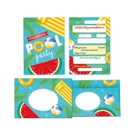 Minkocards 12 Invitation Cards for Children's Birthday Parties Swimming Pool Swimming Girls Boys Birthday Party Invitation with 12 Envelopes, 12 Party Bags / Natural, 12 Stickers